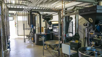 Coffee roasters work in a bright, modern roastery.