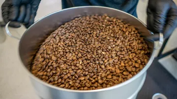 Coffee beans are kept in a large container.