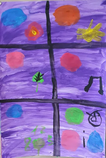 Bunte Kreise auf lila Hintergrund, verteilt in einem Raster.
