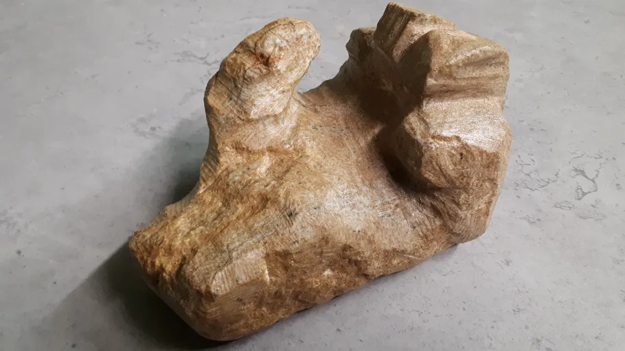 A roughly worked block of wood is lying on the ground.