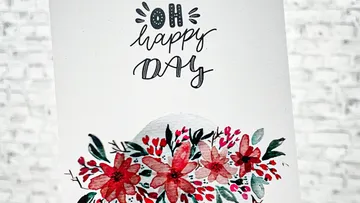 Card with flowers and text: “Oh happy day”.