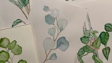 Watercolor drawings of plant leaves on paper.