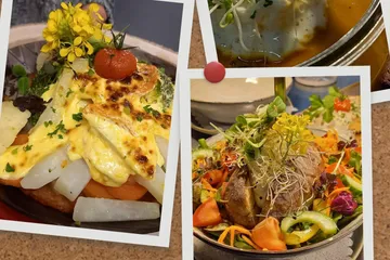 Various dishes on plates, decorated in a colorful and decorative way.