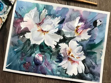 Blumenbild in Wasserfarben, sanfte Farben auf Papier.