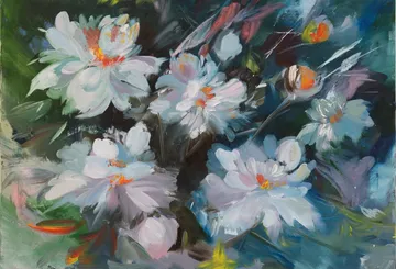White flowers bloom vividly against a colorful background.