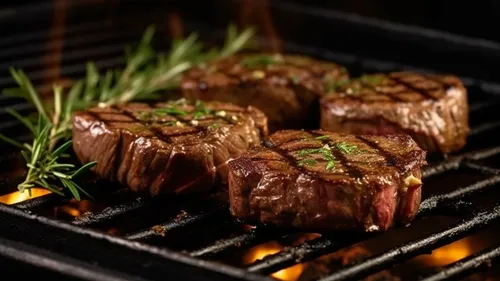 Steaks fry on a grill over open flames.