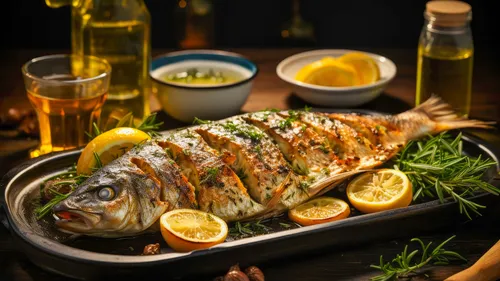 Grilled fish is laid out on a plate with lemon.
