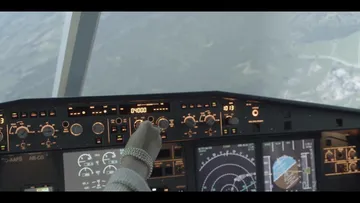 Cockpit-Panel, Hände drehen Regler, Flugzeug in der Höhe.