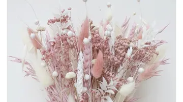 Getrocknete Blumen in sanften Rosa- und Weißtönen, gebunden.