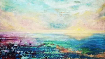 Colourful painting depicting calm water and a sunrise.