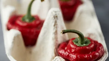 Rote Paprika liegen in einem Eierkarton.