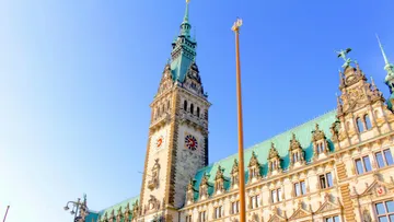 Town Hall tower, showing sky blue background.