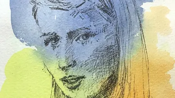 Porträt eines Mädchens mit blauer und gelber Aquarellfarbe.