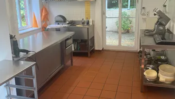Kitchen with stainless steel furniture, clean, open to the garden.