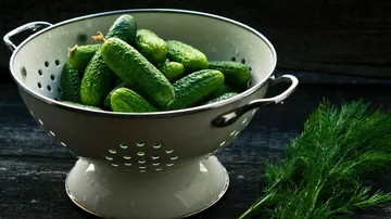 Cucumber colander with fresh cucumbers on a dark background.