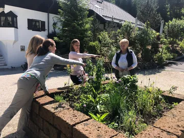 Vier Frauen zeigen auf Pflanzen in einem Gartenbeet.