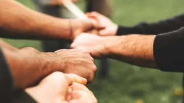 Hands grab each other to show team spirit.