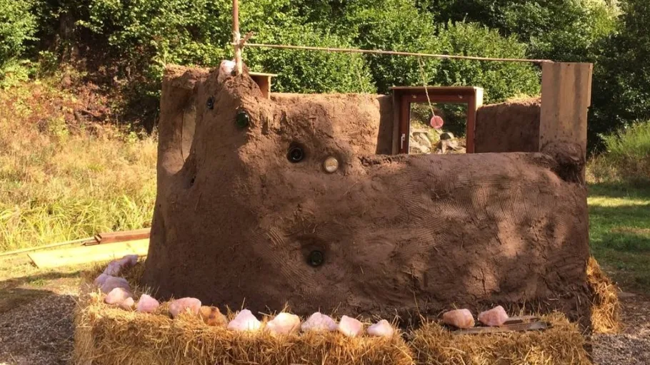 Clay house with windows surrounded by straw and plants.