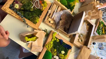 Holzkästen mit Moos und Materialien werden kreativ gestaltet.