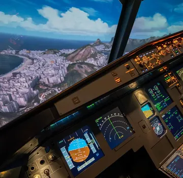 Cockpit eines Flugzeugs mit Instrumenten und Landschaftsansicht.
