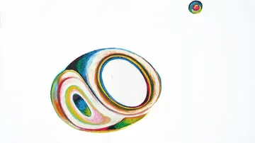 Colourful, oval object floats against a white background.