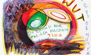 Farbige Zeichnung mit emotionalen Ausdrücken und handschriftlichem Text.