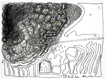 Black spirals form a cow's head over fields and houses.