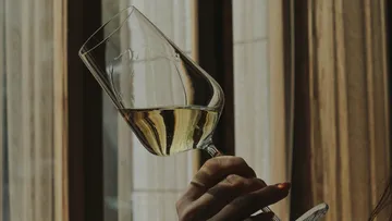 A glass of wine is held gently, light flows in.