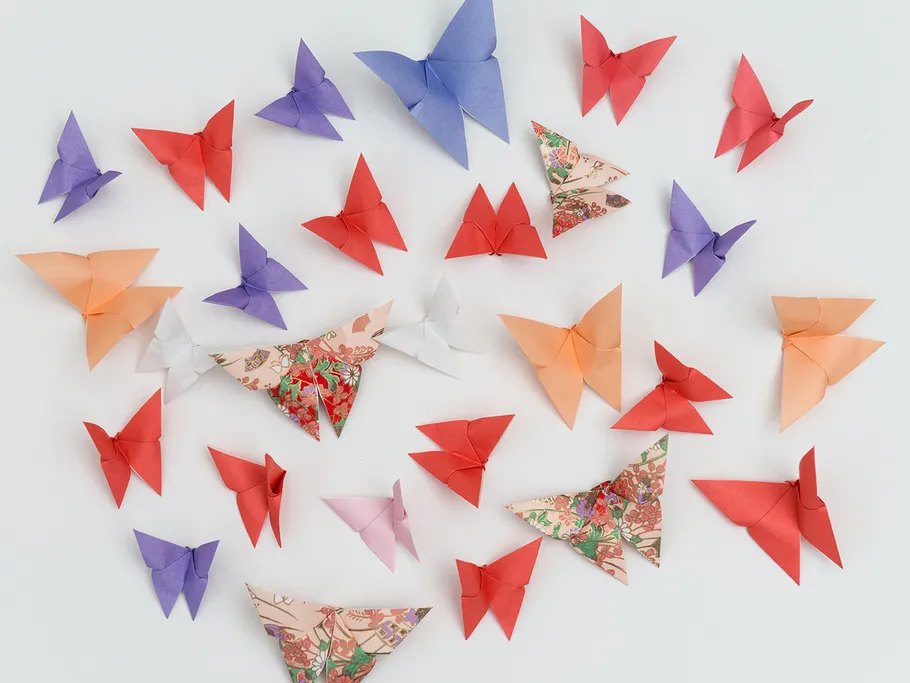 Colourful paper airplanes are scattered on a white background.