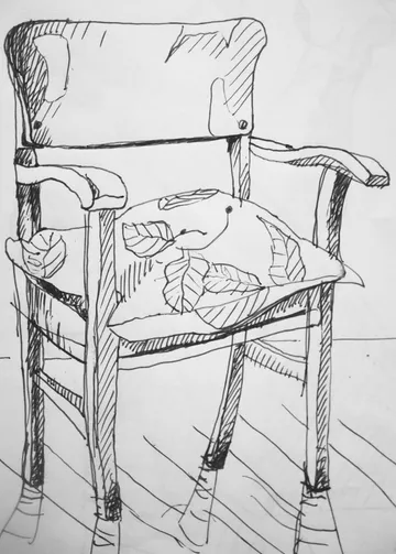 A chair with cushions stands on a wooden floor.