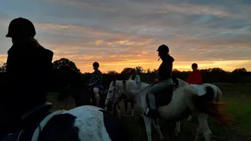 Reiter auf Pferden vor einem bunten Sonnenuntergang.