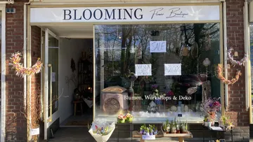 Flower shop with offers and decorative elements in the window.