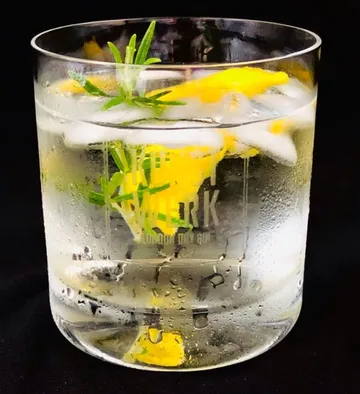 Glass with gin, ice, lemon and herbs on black background.