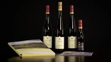 Bottles stand on a black background, accompanying brochure visible.