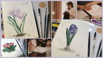 Bunte Blumenillustrationen, Malutensilien, kreatives Lernen in entspannter Umgebung.