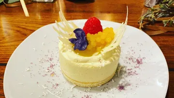Käsekuchen mit bunten Früchten auf weißem Teller serviert.