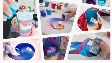 Colourful paints are poured from cups onto a surface.
