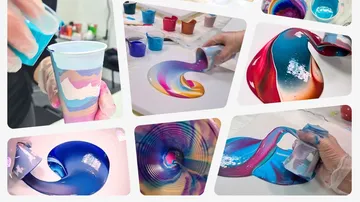 Paints are poured from containers to create works of art.