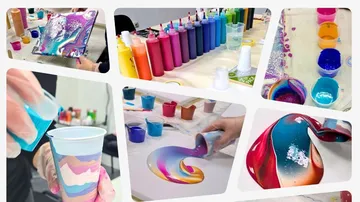 Paints are creatively poured onto canvases and cups.
