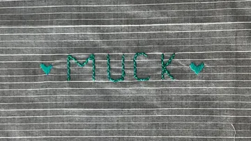 Gestreifte Stoffoberfläche mit dem gestickten Wort `MUCK` und Herzen.