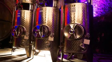 Edelstahltanks fermentieren Wein im dunklen Keller.