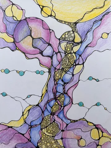 Colourful, abstract shapes in interwoven lines on paper.