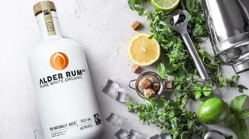 Flasche Rum mit Kräutern, Zitrusfrüchten und Eiswürfeln.