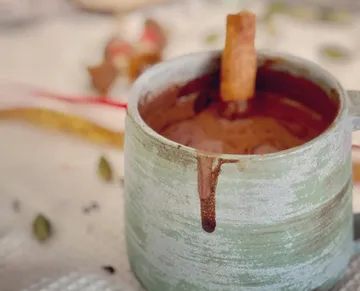Cup with hot chocolate and cinnamon stick in the background.