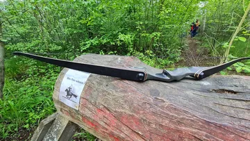 Ein Bogen liegt auf einem Baumstamm im Wald.