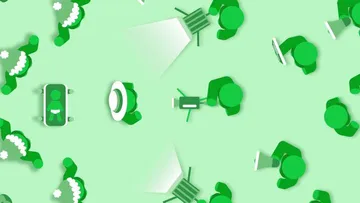 Grüne Figuren interagieren mit Lichtquellen in einer homogenen Umgebung.