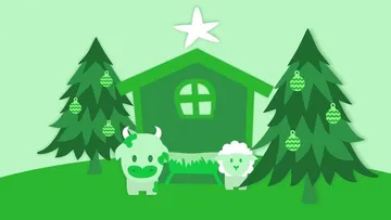Grüne Tiere neben einem kleinen Haus und Weihnachtsbäumen.