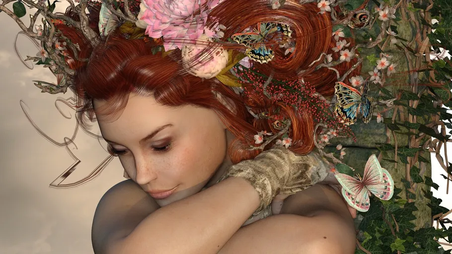 A woman with flowers and butterflies sits thoughtfully.