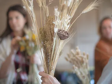 Trockenblumen werden von einer Person in einem Raum gehalten.