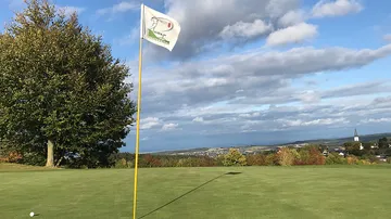 Flag on golf course, ball lying, landscape with trees.
